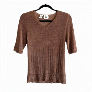DKNY Lightweight Summer Short Sleeve V-Neck Sweater Rust Brown Copper L